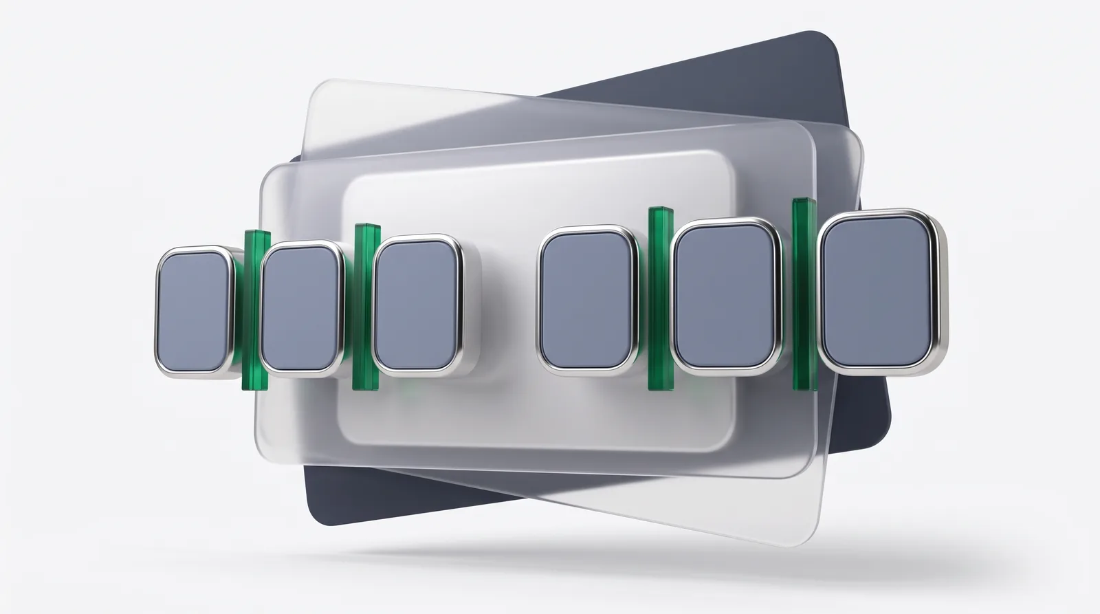 An AI content strategy as six stage tiles in a row, with four green gate bars between them and two gaps left open