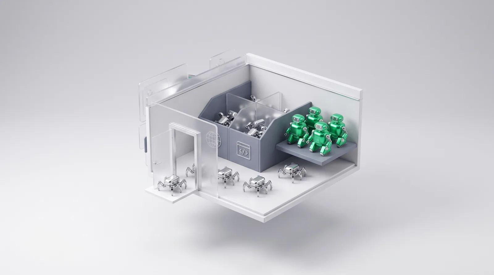 Chrome spider robots enter a glass site and sort into bins while green mixed-use bots wait on a shelf, the split behind AI crawler statistics