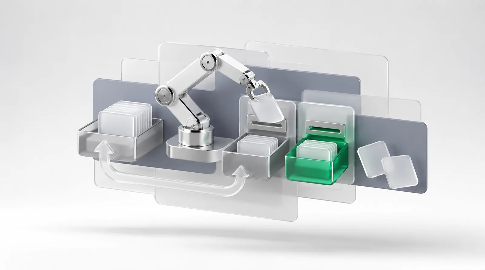 AI growth marketing as a sorting arm loading its own tray while a second slot fills a green tray on its own, two cards left untouched nearby.