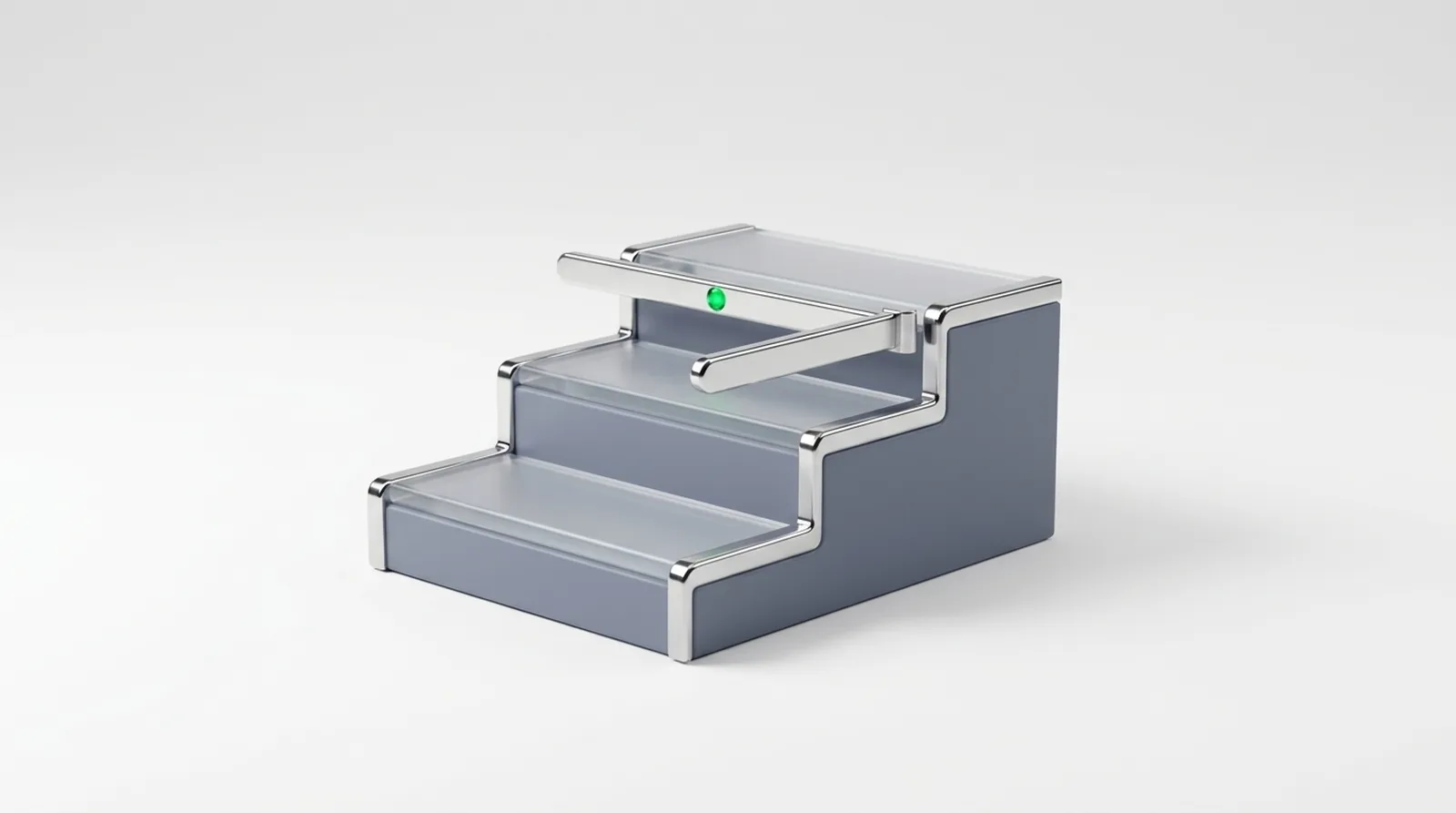 Three steps rising to a top step blocked by a chrome barrier with a green light, the autonomy ladder AI marketing agents climb.