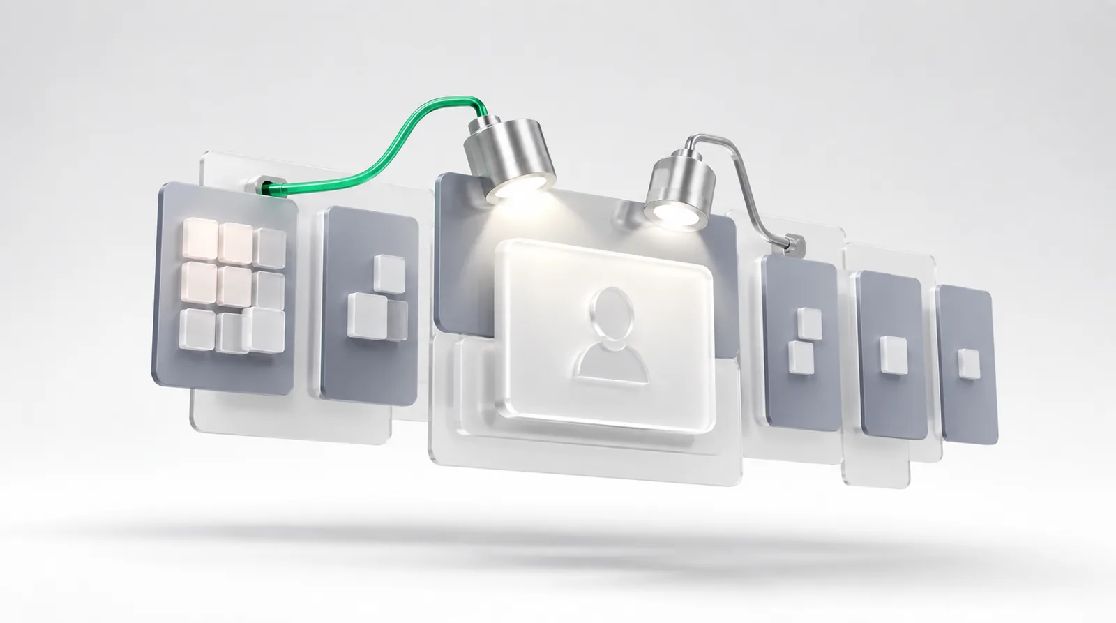 An AI search monitoring platform to improve SEO strategy: a green cord runs from the busiest source panel to the brighter lamp on a brand card.