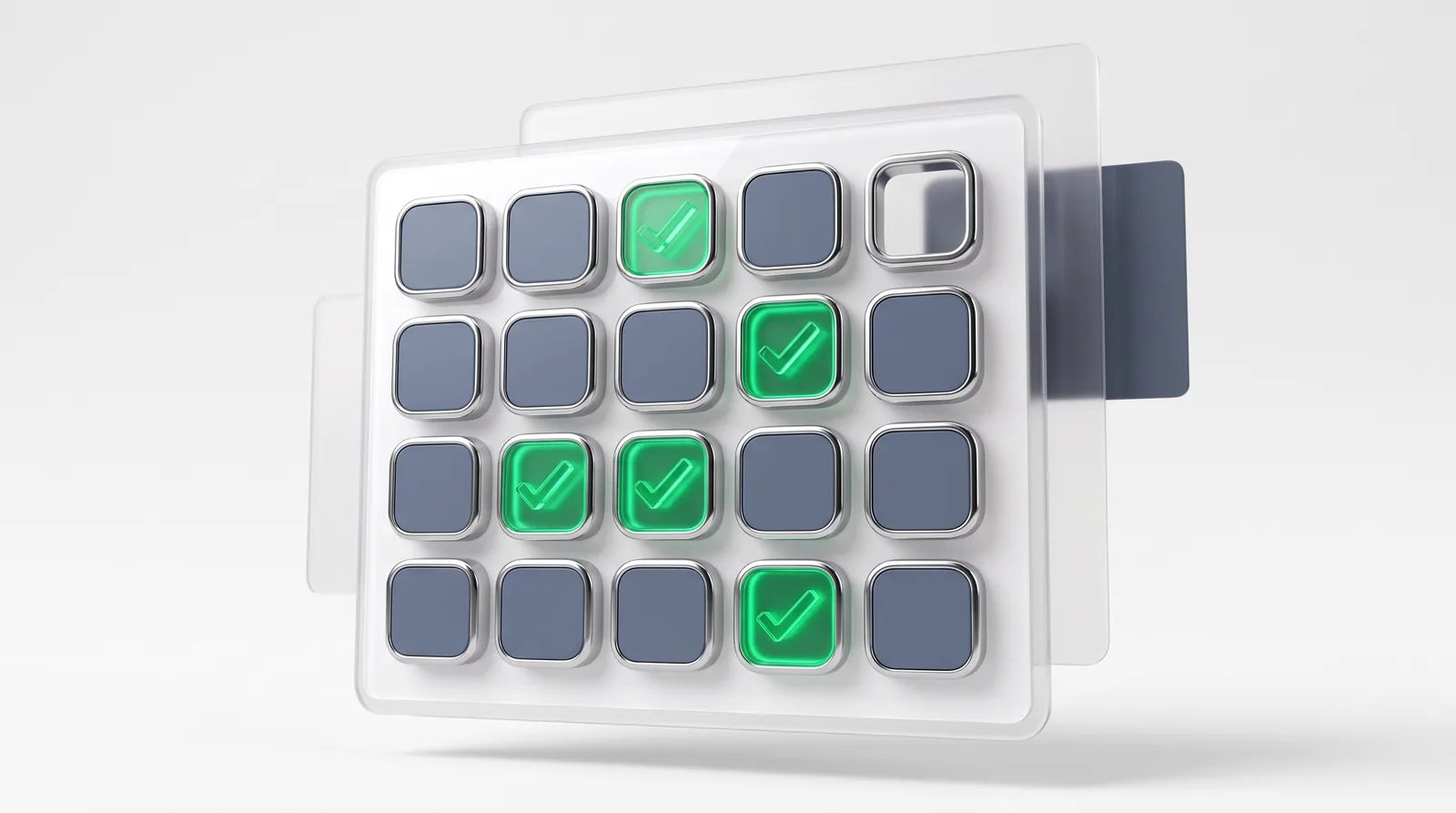 An AI SEO audit as a grid of tiles: five carry green checkmarks and one sits empty, an open frame with nothing mounted in it