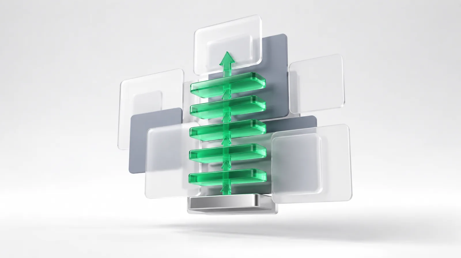 B2B conversion rate optimization as five emerald approval plates stacked on a narrow base, one card rising through every level to the top.
