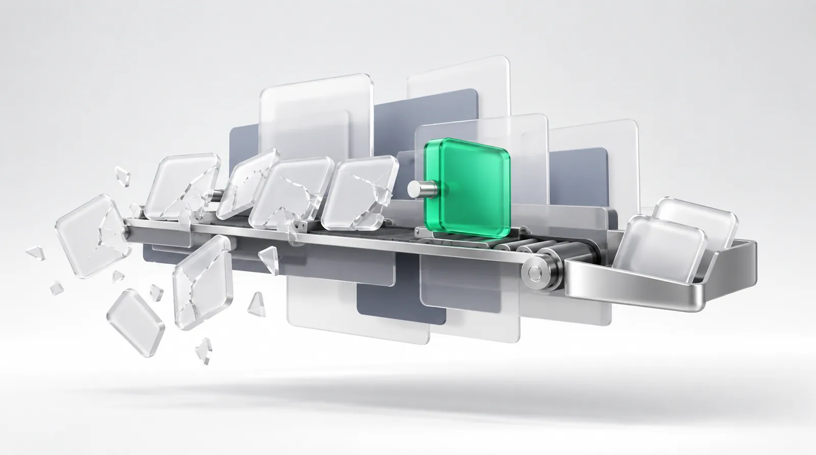 Behavioral economics marketing as a conveyor of glass tactic tiles shattering apart, one emerald tile bolted to its slot rolling forward intact.