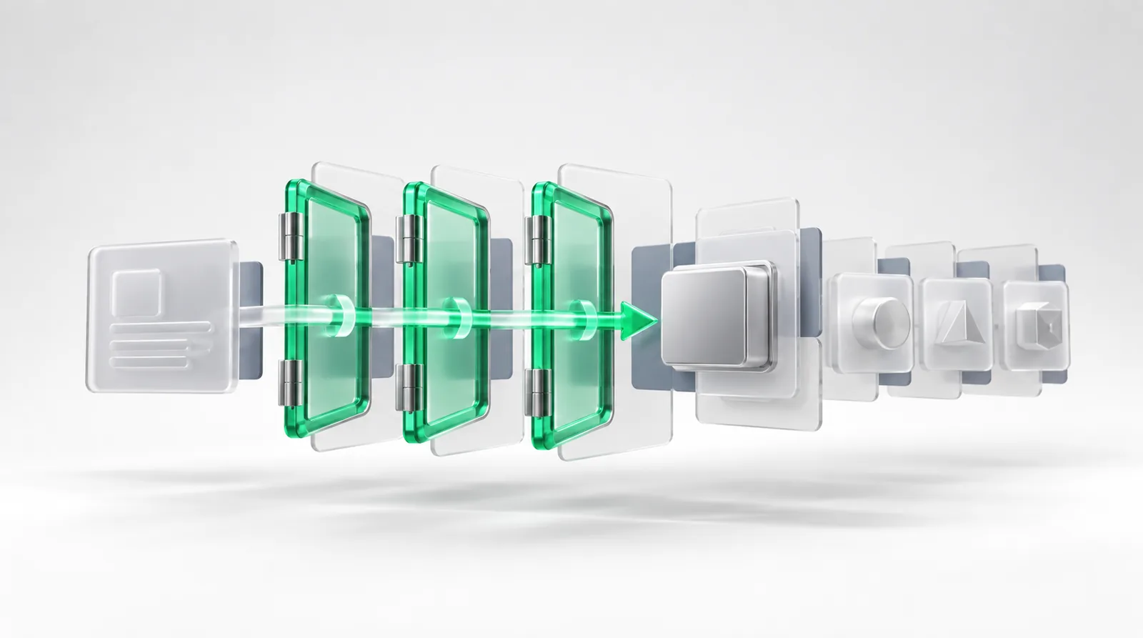 Churn prediction as a beam crossing three green-lit glass gates to reach the model, spare blocks left unused beside it.