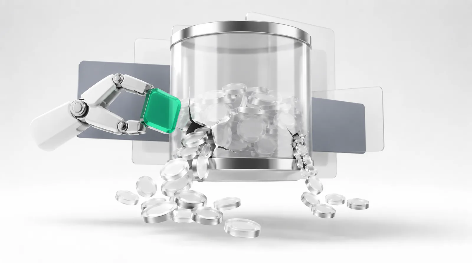 Churn reduction as a jar leaking tokens from two cracks, a mechanical arm aiming a green patch at the wider crack losing the most.