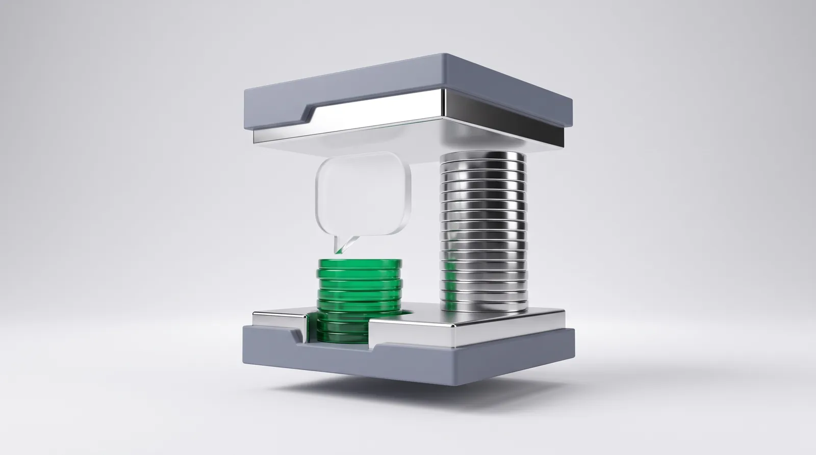 Claude AI statistics as a two-plate press holding a tall silver coin column and a short green coin stack under a speech bubble