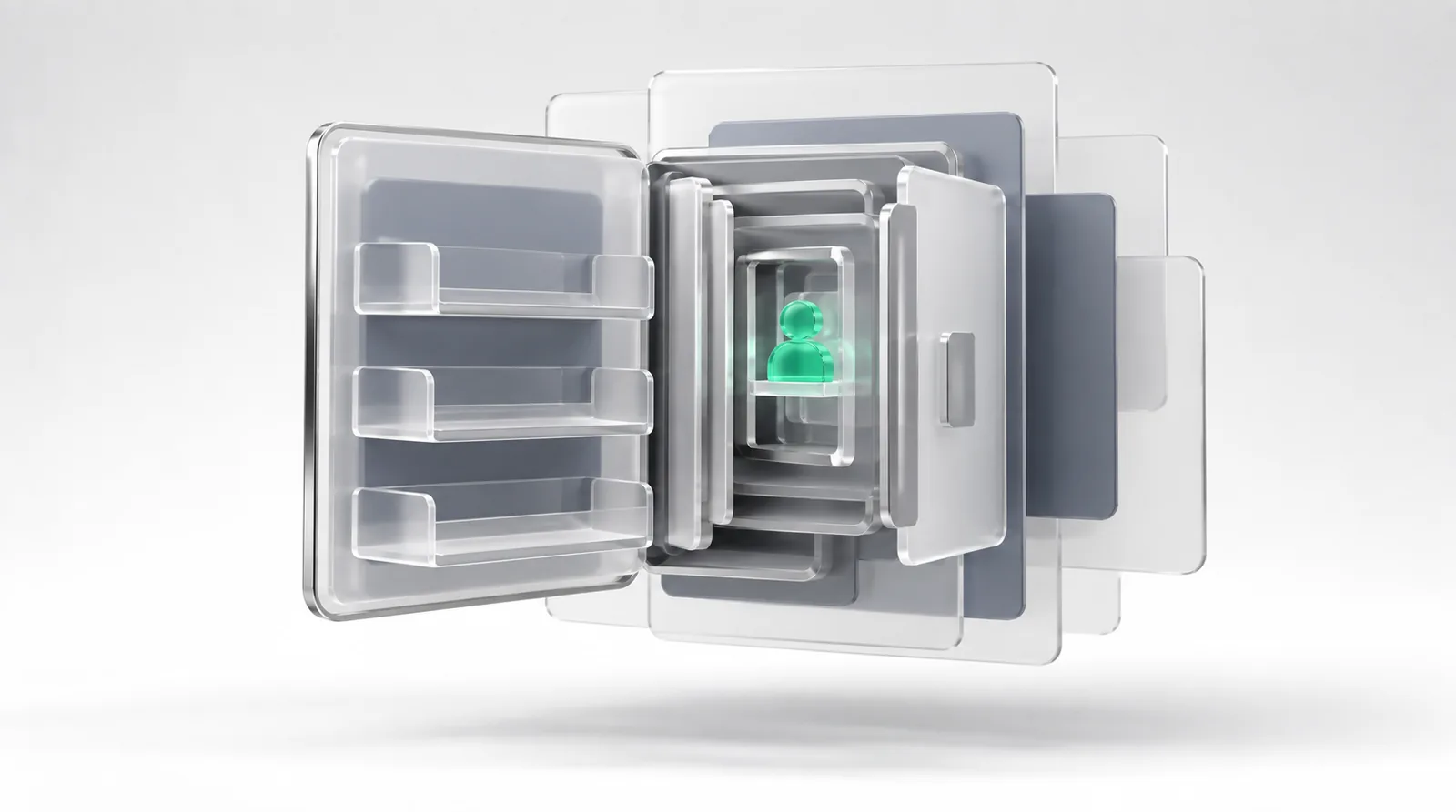 Contenteffort google signal as a page opened like a cabinet, a green token seated deep on an inner layer while its front shelves stay empty.