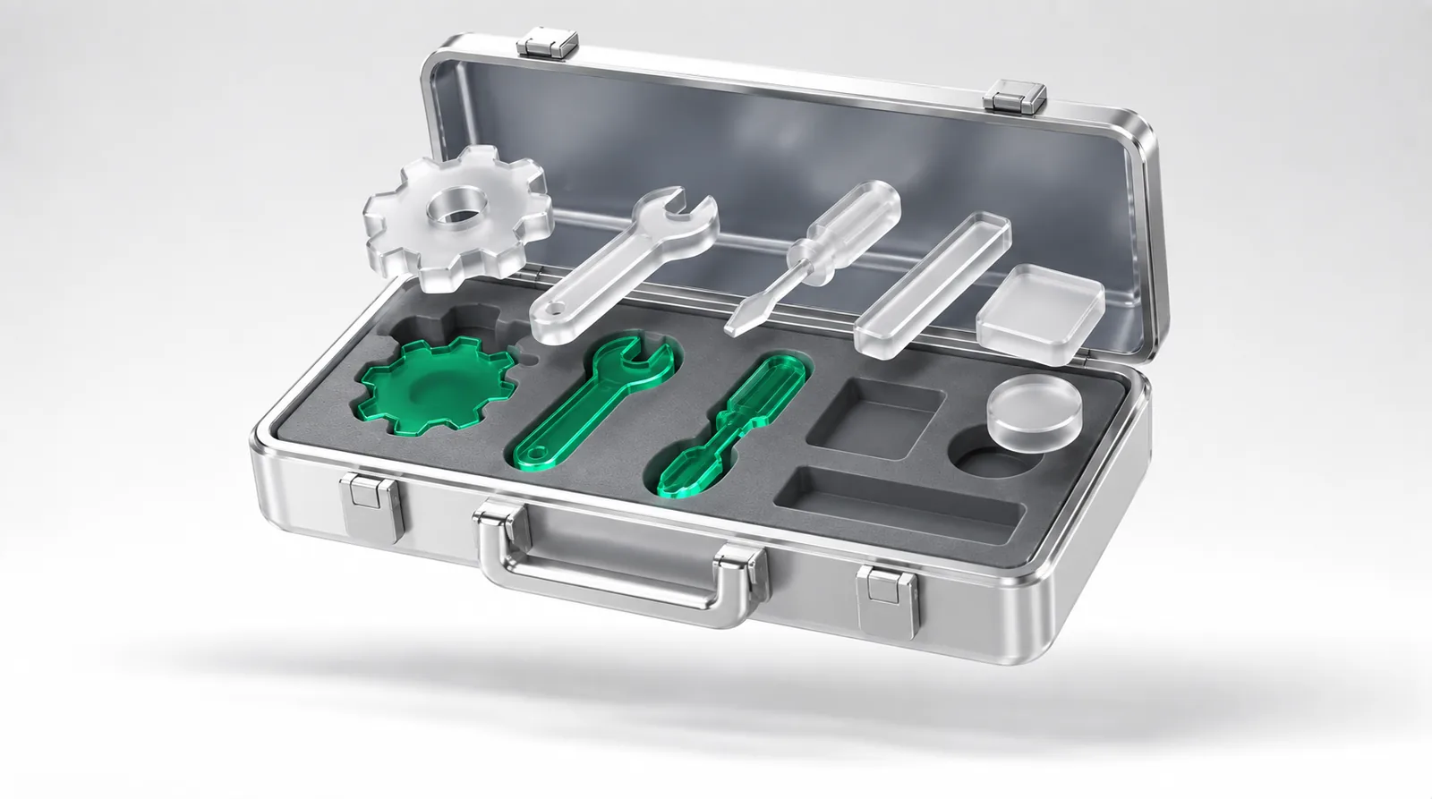 Conversion rate optimization tools as a toolbox where a green gear, wrench and screwdriver sit flush in their cutouts, the rest left loose.