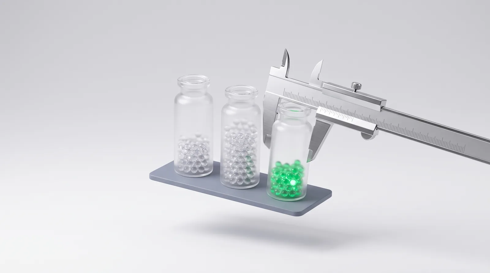 Three glass vials of beads on a slate tray with a chrome caliper measuring the green one, core web vitals read as field measurements