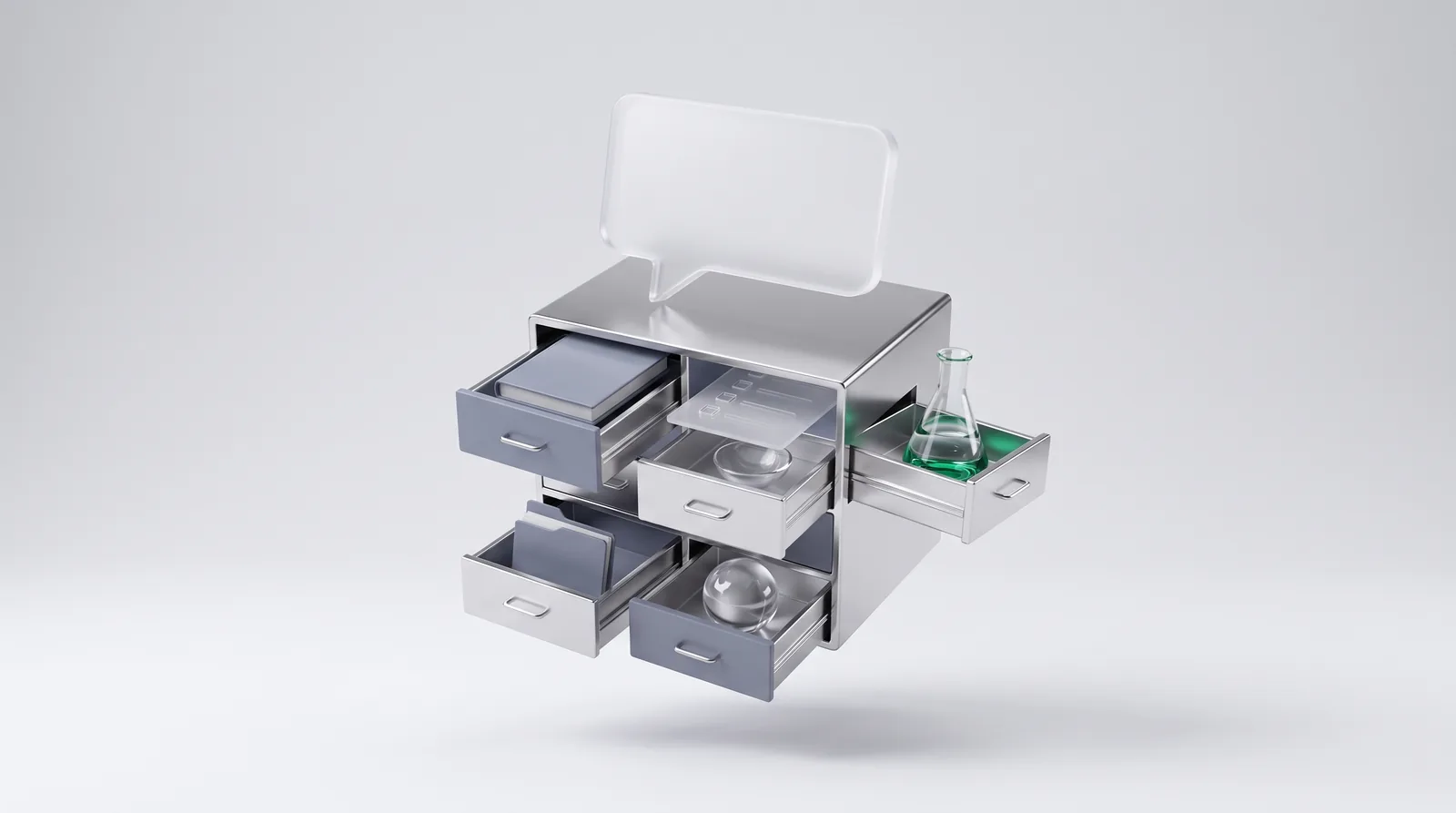 Generative engine optimization statistics as a cabinet of six open drawers under a chat bubble, the lab flask drawer marked green