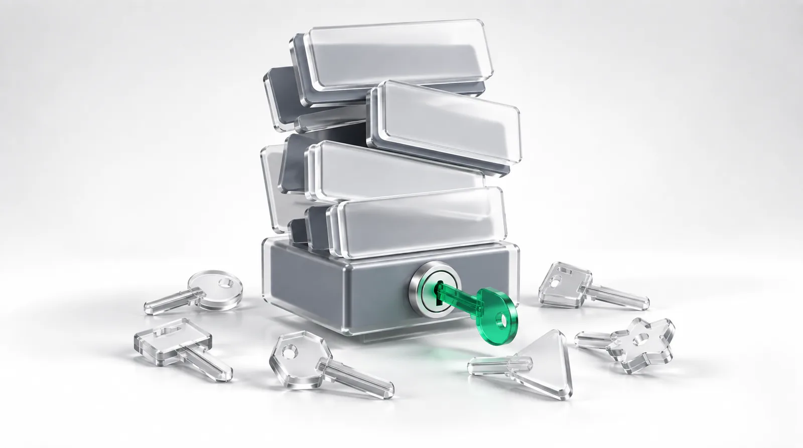 Google core update as a ranking stack shaken loose among scattered keys, only the green key fitting and turning in the lock at its base.