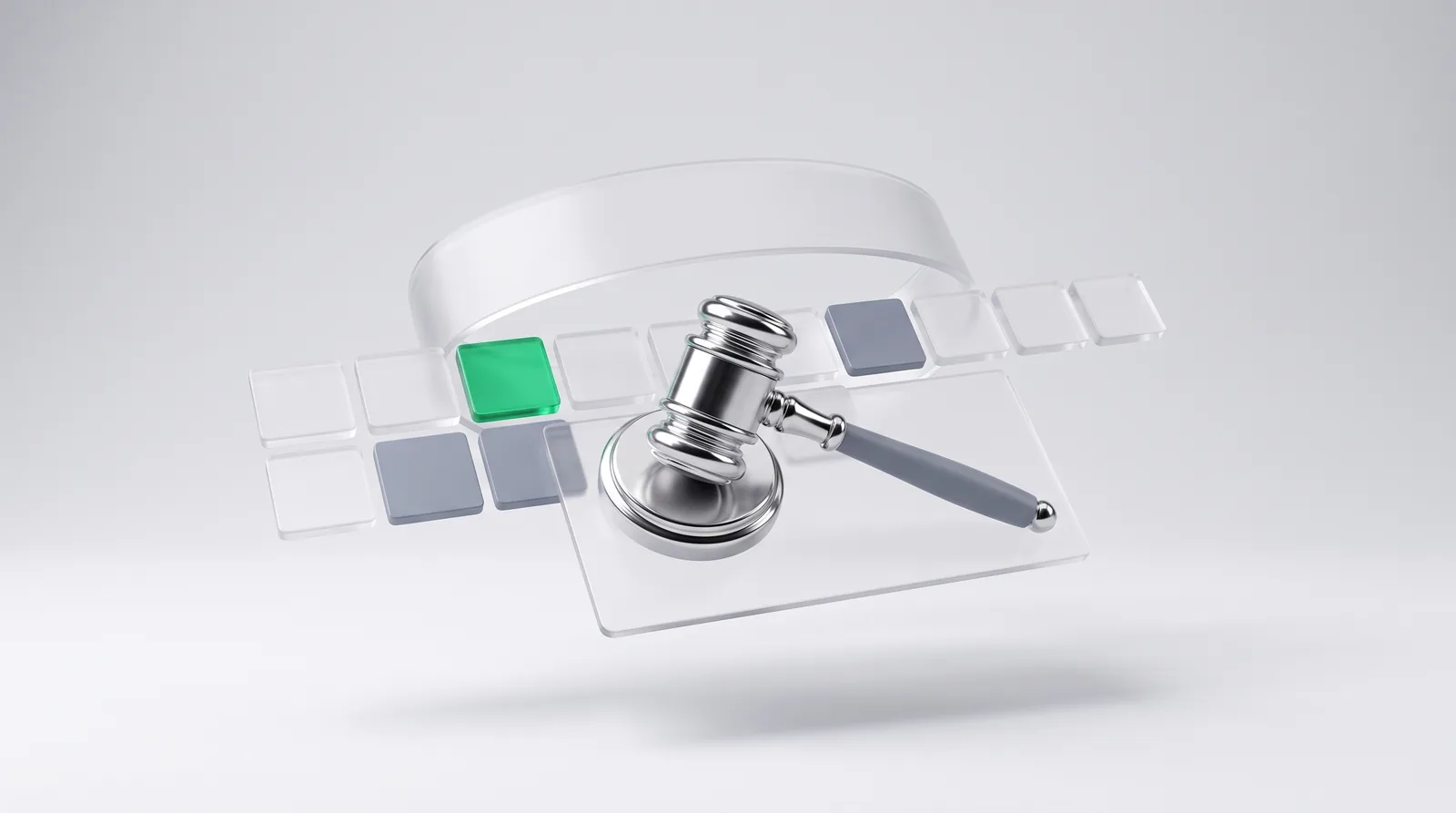 Google penalty recovery as a silver gavel resting on a glass panel over a row of tiles, one emerald tile lit among the grey ones