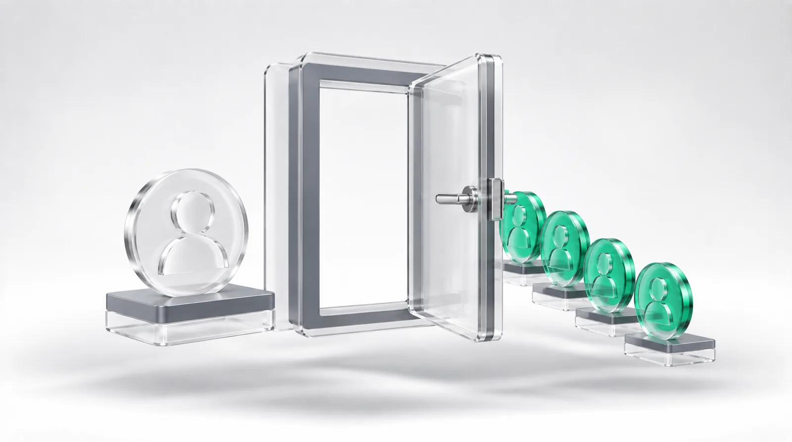 Growth experiments as a queue of green tokens lined up waiting at a doorway with no room built behind it yet, one token set apart on its own stand.