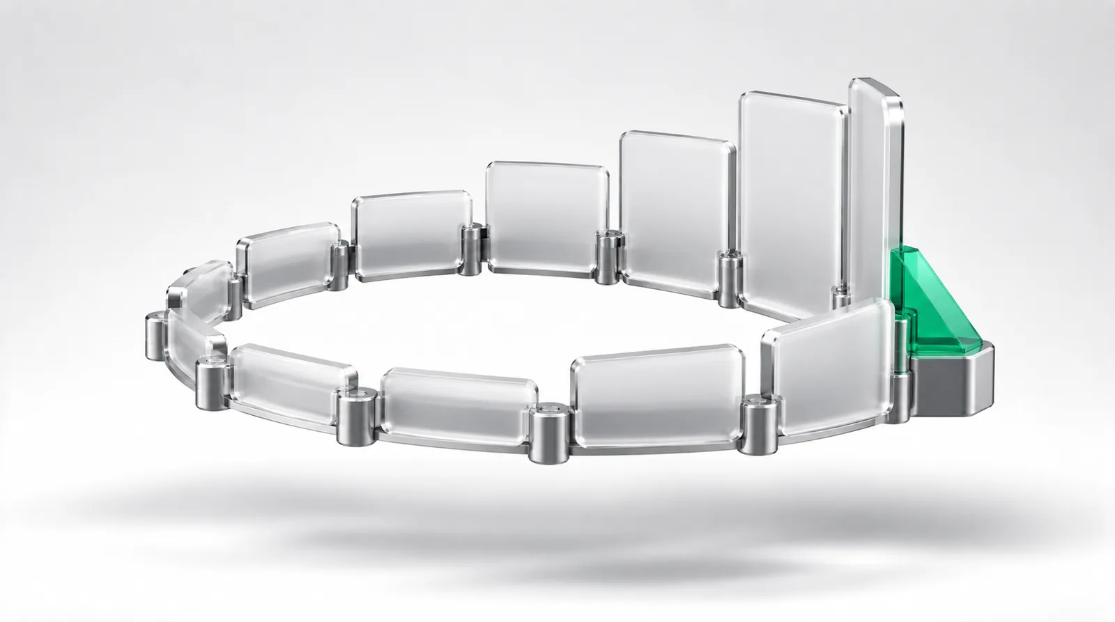 Growth loops as a ring of linked panels rising taller with every turn, until a green wedge lodged in the ring stops any further rise.