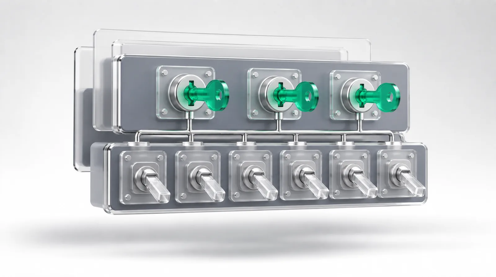Growth marketing as a console of switches, three green keys turned into place in their locks before any switch below is allowed to power on.