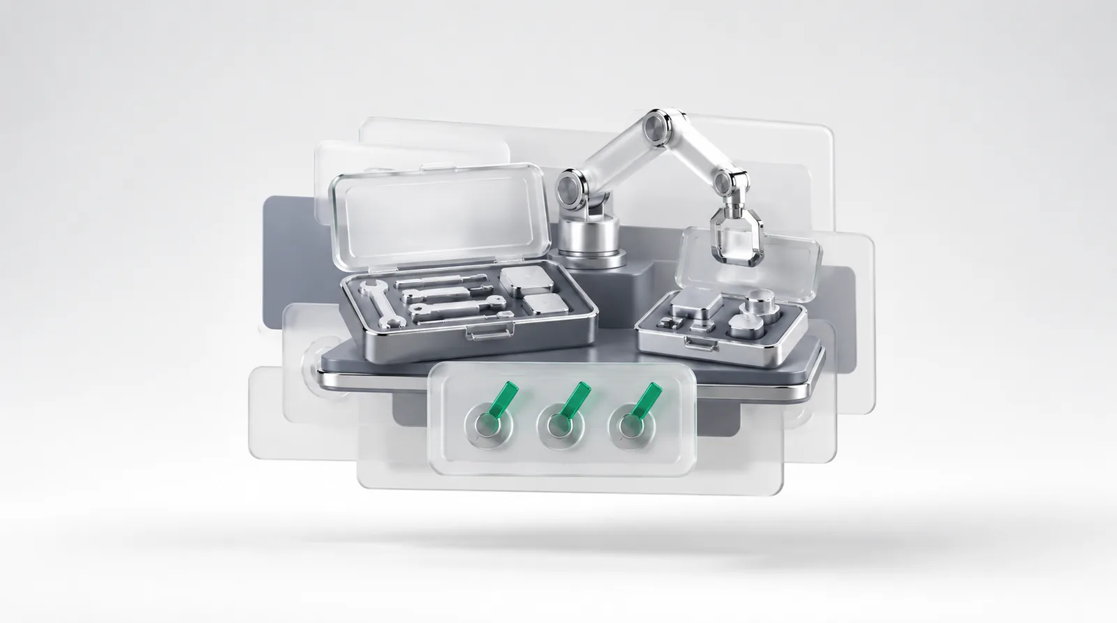 Growth marketing vs digital marketing as two open kits on a workbench, three emerald switches lined up before a chrome arm lifts one kit.