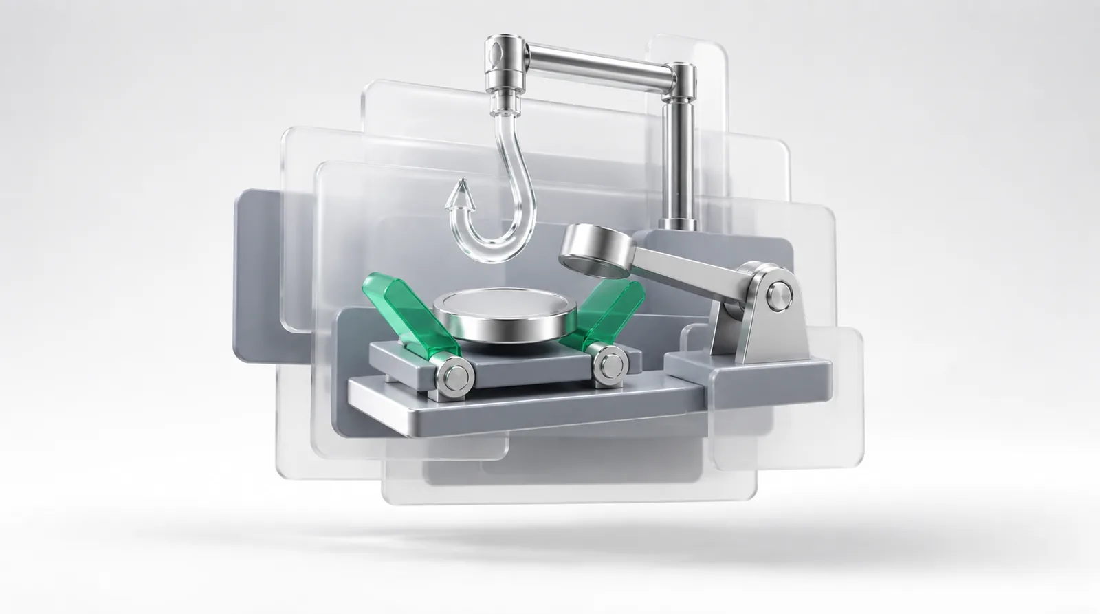 Hooked model as a glass hook above a token on a platform, two emerald flaps beneath it rising together to lift the token onto the hook.