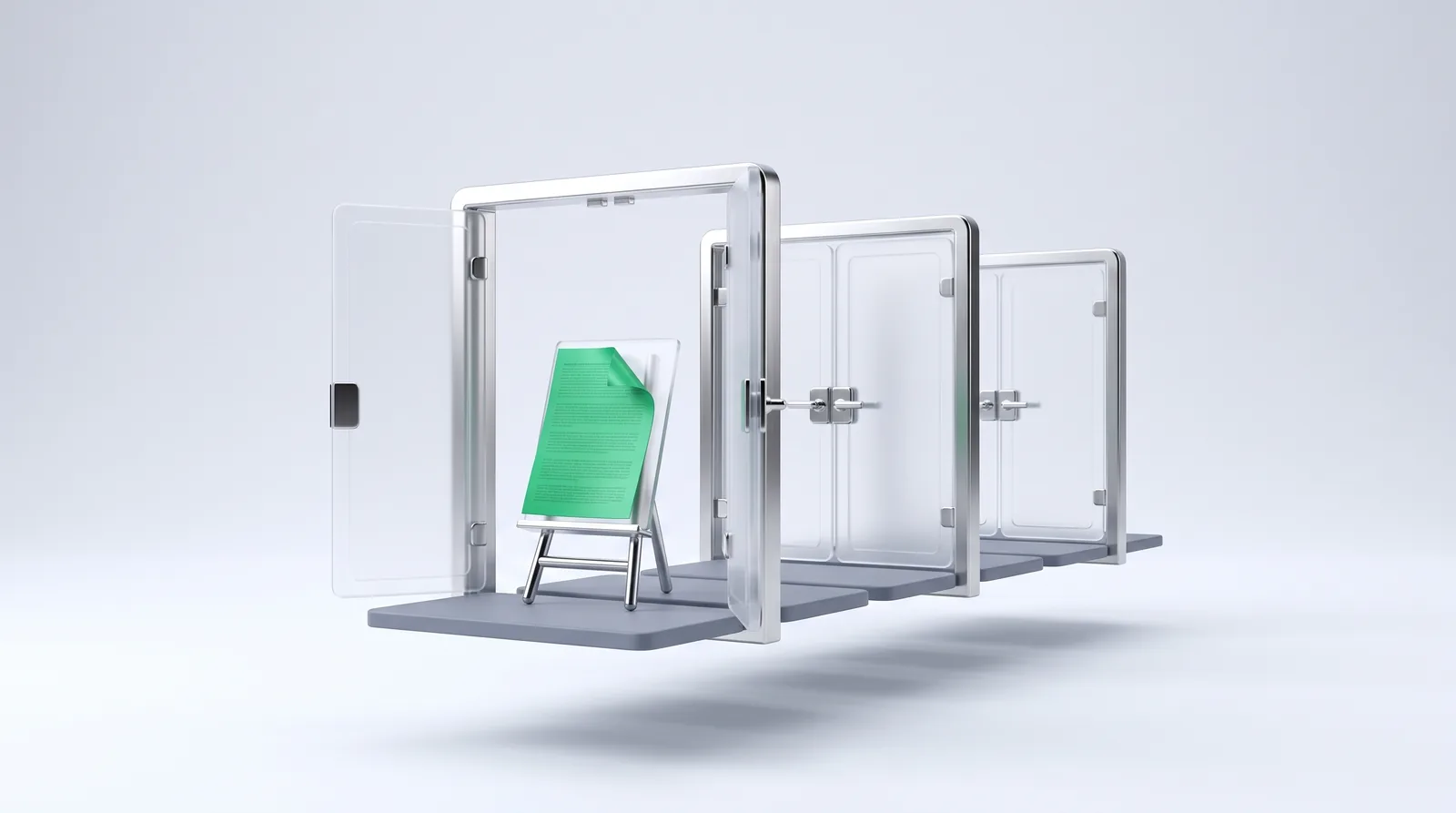 Hire SEO consultant with an audit first: three gates in a row, the first open and holding a single audit sheet