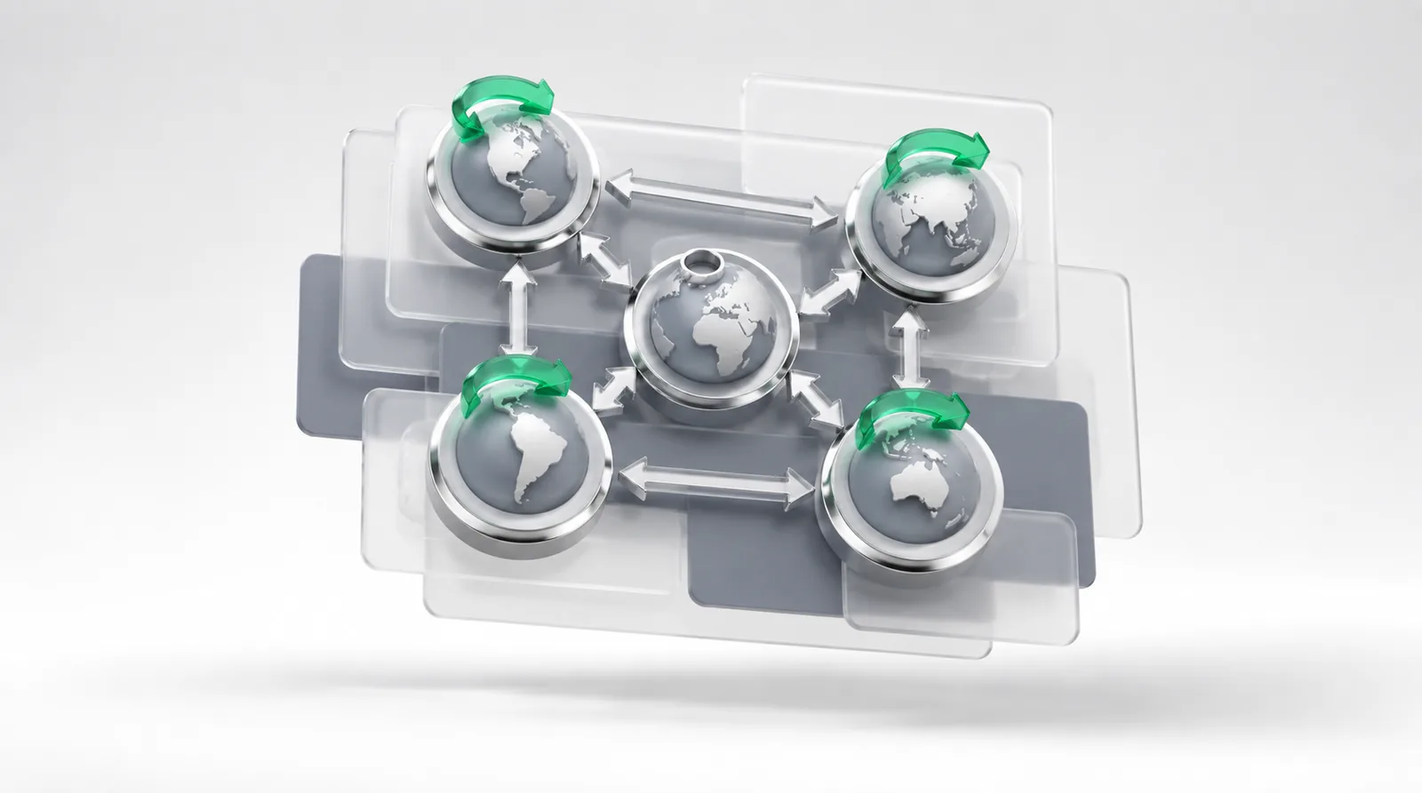 Hreflang as a cluster of globe plaques exchanging arrows, emerald loop-back arrows seated on every globe except the center one, left empty.