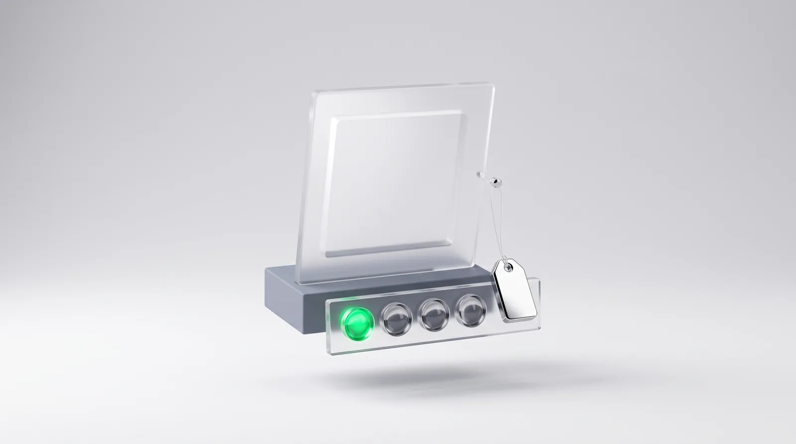 Image SEO checks: a glass photo frame with a chrome alt tag on a thread and four lenses below it, the first lens lit green