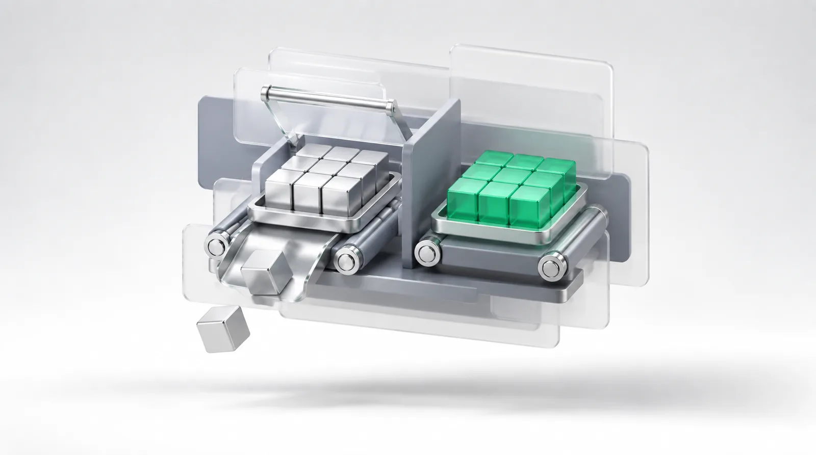 Incrementality testing as two lidded trays of cubes on a conveyor split by a chrome wall, the emerald tray of cubes kept as the untouched holdout.