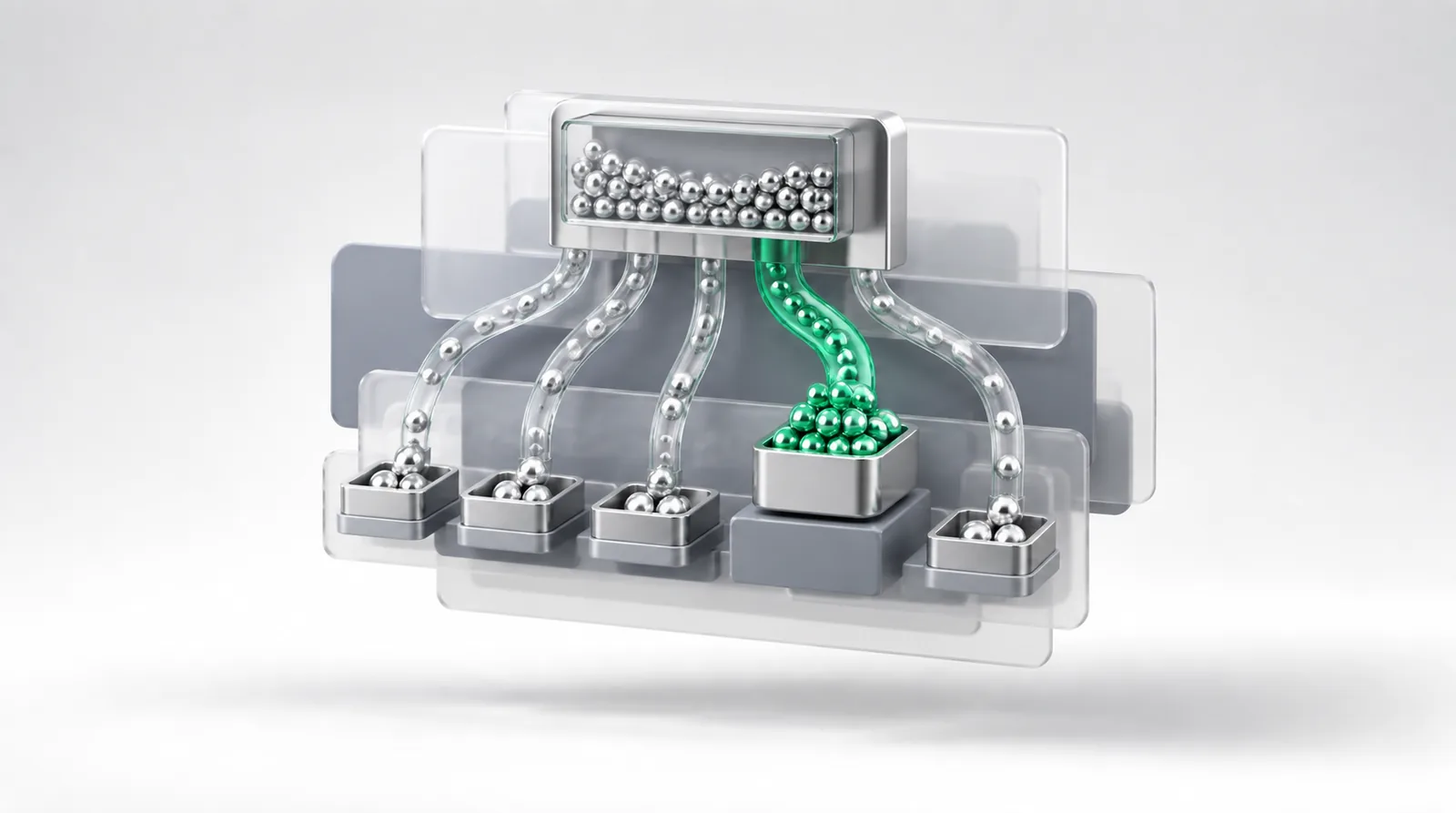 Internal linking strategy as a stream of tokens branching from one box into five trays, the emerald stream running thicker into the fullest tray.
