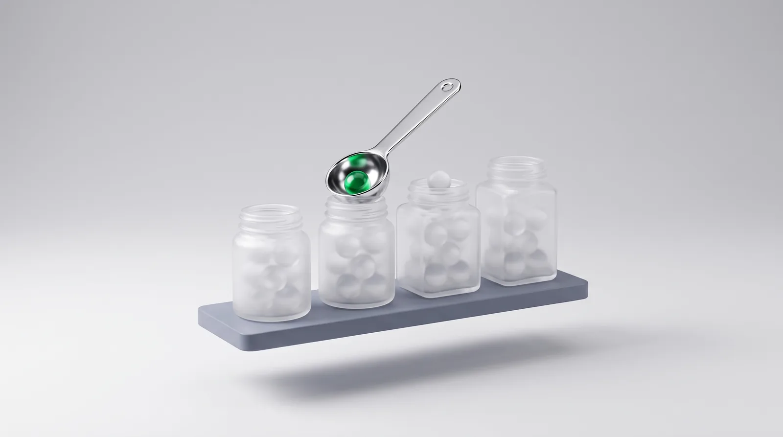 Keyword research volumes: four jars of query beads at different heights, a measuring spoon lifting one bead