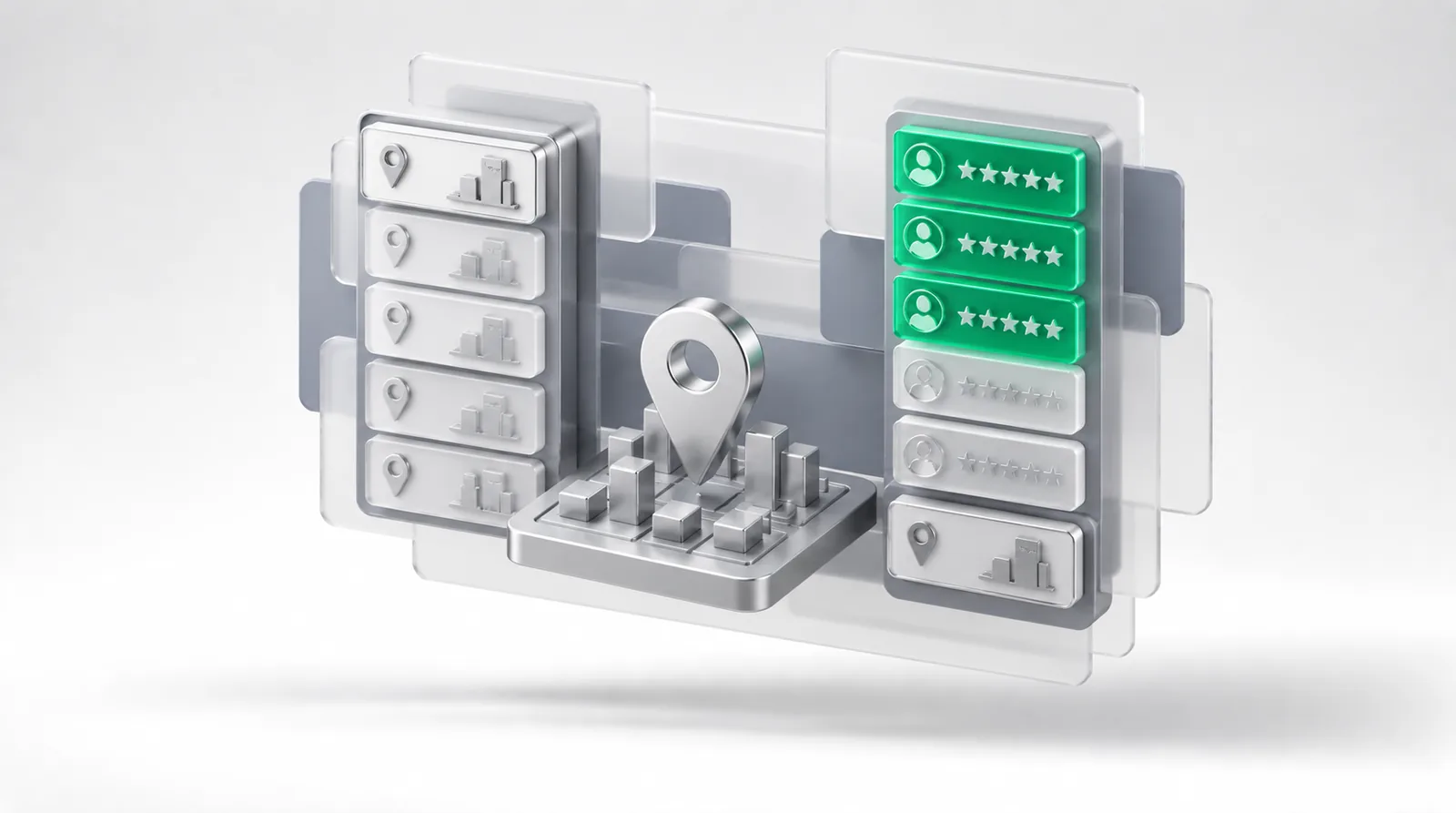 Local SEO for AI search as a map pin over a city tile beside two ranking racks, emerald review cards filling the top slots of the second rack.