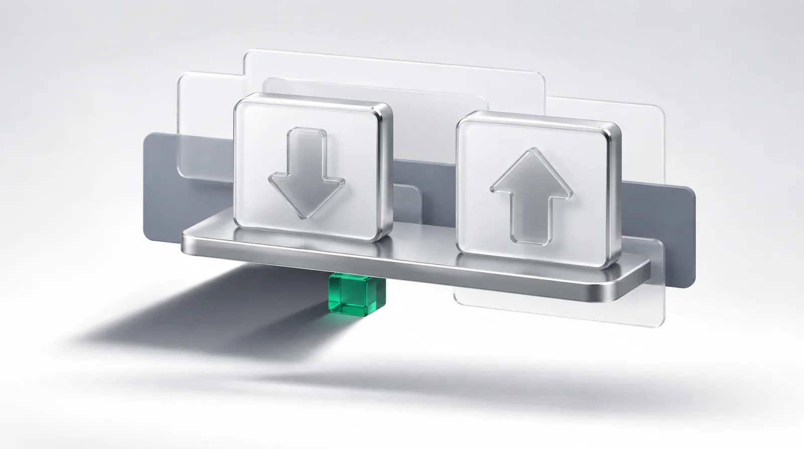 Loss aversion marketing as a shelf holding a loss tile and a gain tile side by side, one small emerald block wedged underneath the loss tile alone.