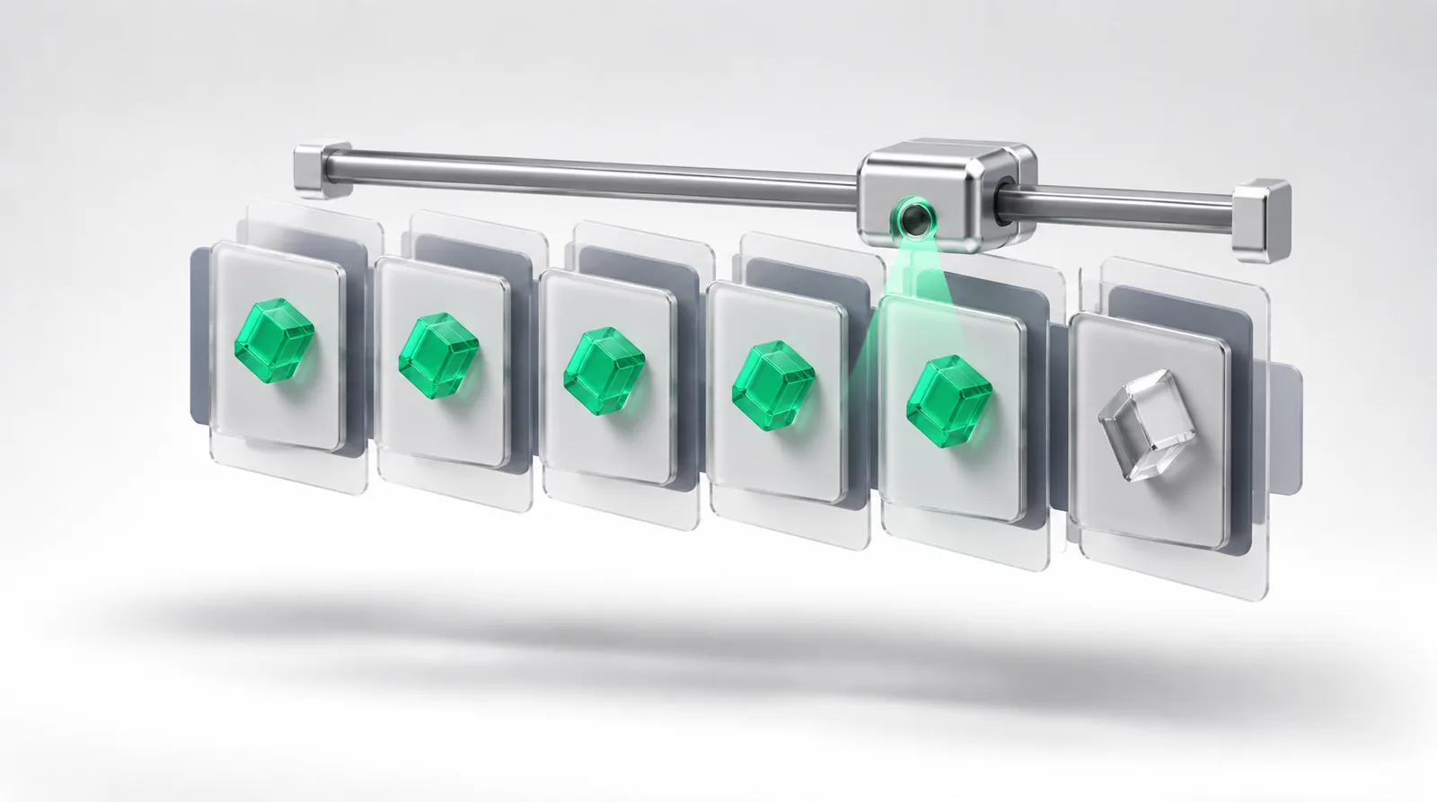 Messaging framework as a chrome scanner gliding over a row of panels, each holding an identical emerald core token except the last, colorless one.