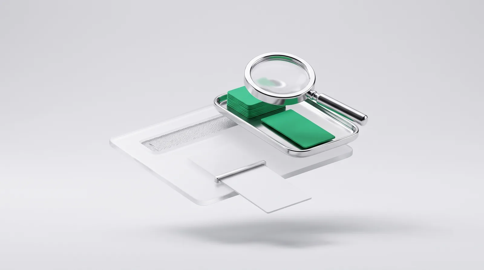Meta description choice: a search result card with its text strip sliding out and a green page strip on a tray under a magnifier