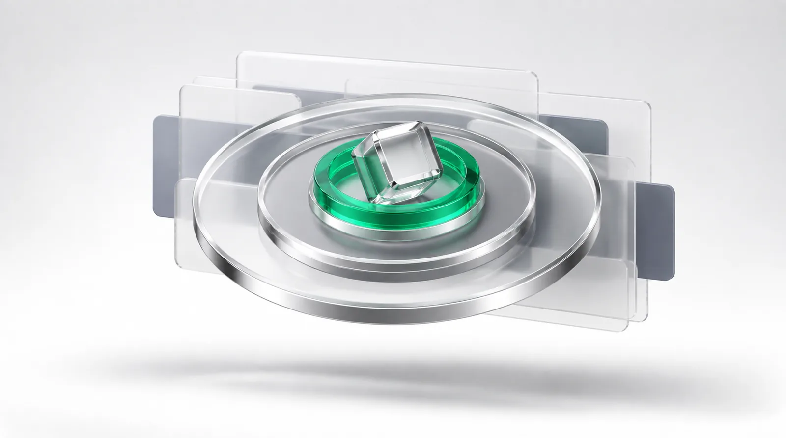 Minimum detectable effect as a token landing on concentric glass rings, resting inside the tighter emerald inner ring instead of the wide outer one.