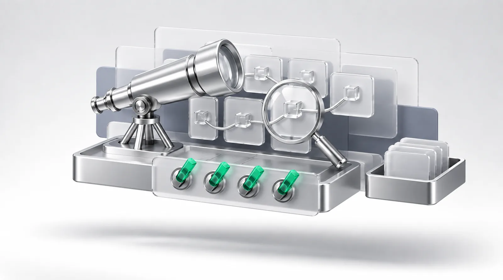 MMM vs MTA as a telescope and a magnifying glass sharing one base, four emerald switches beneath flipped toward the telescope, a holdout tray apart.