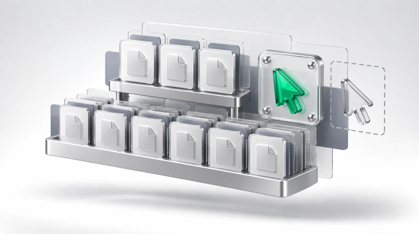 Navboost as many page tiles on a wide shelf with only a few lifted onto a narrower shelf above, one emerald cursor bolted solidly inside its frame.