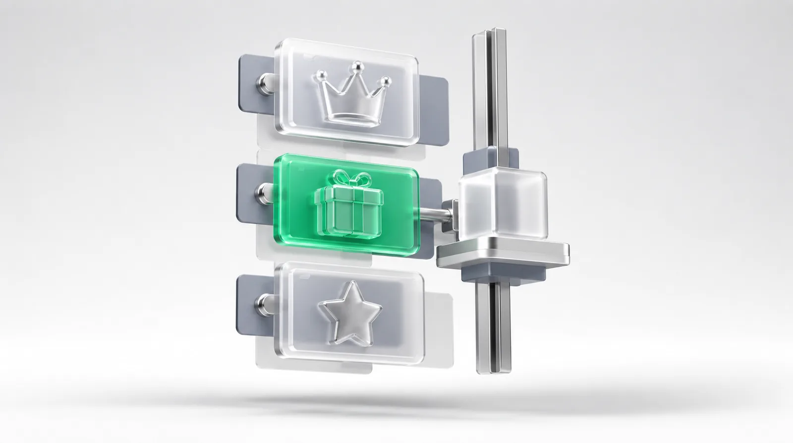 Referral marketing SaaS pictured as three reward cards on a wall, an emerald gift card lit and linked by a rod to a block sliding on its post.