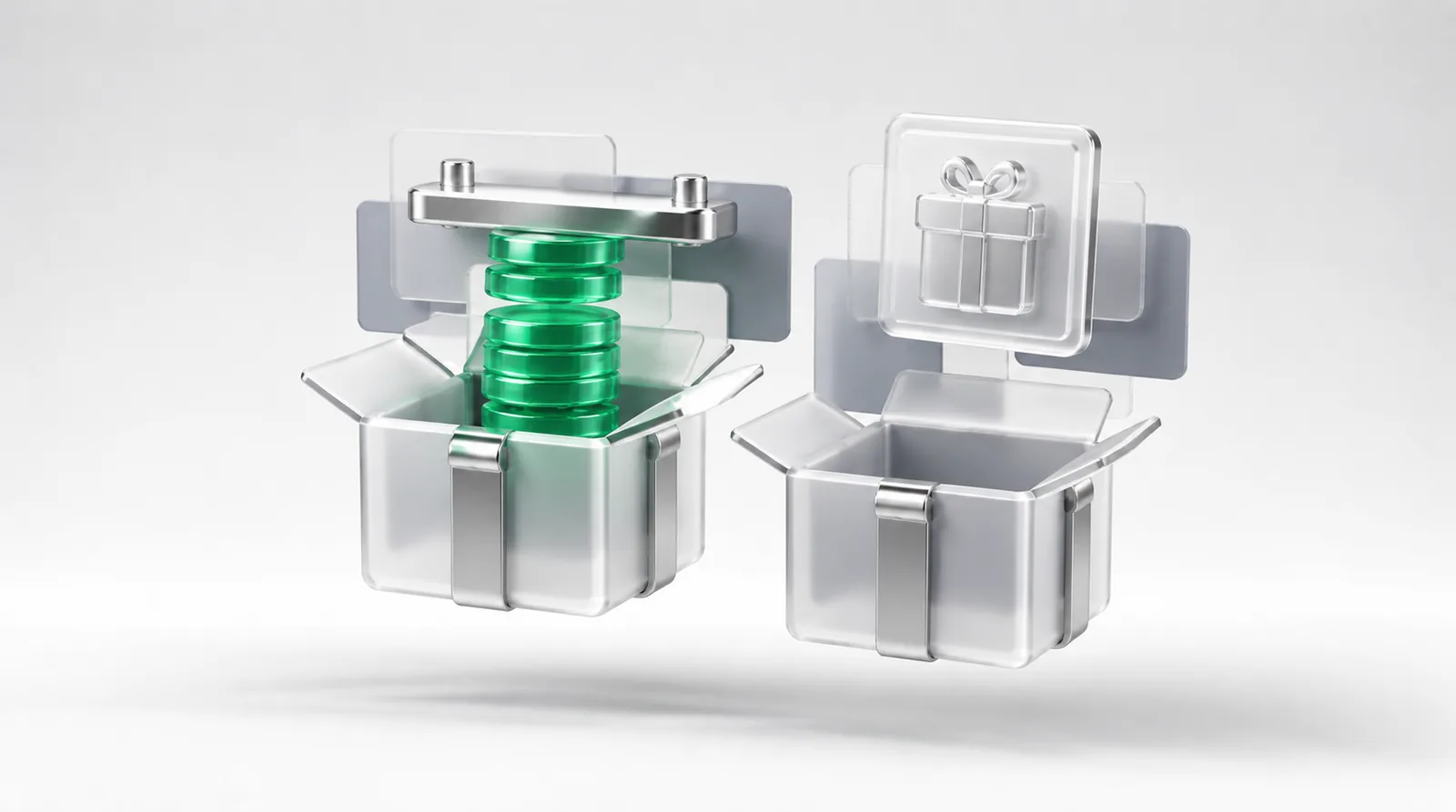 Creating a referral program shown as a gift box with invite tokens stacked emerald to a fixed cap, beside an empty box still waiting to fill.