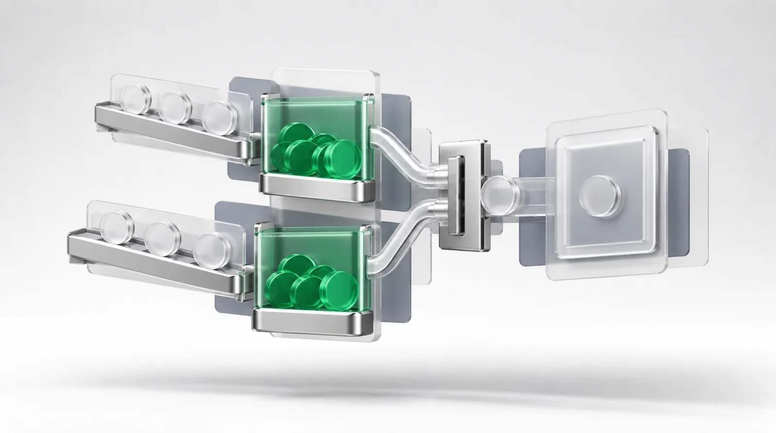 Sample ratio mismatch shown as two matching trays each filling with tokens, both emerald clusters piped through a shared gate to the result panel.