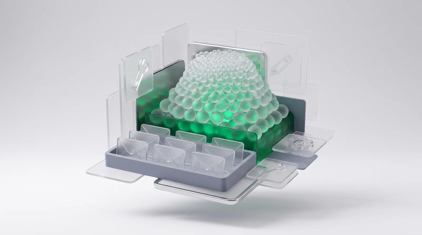 SEO lead generation as a glass dome of beads glowing emerald above a tray of envelopes, ringed by tool icon panels