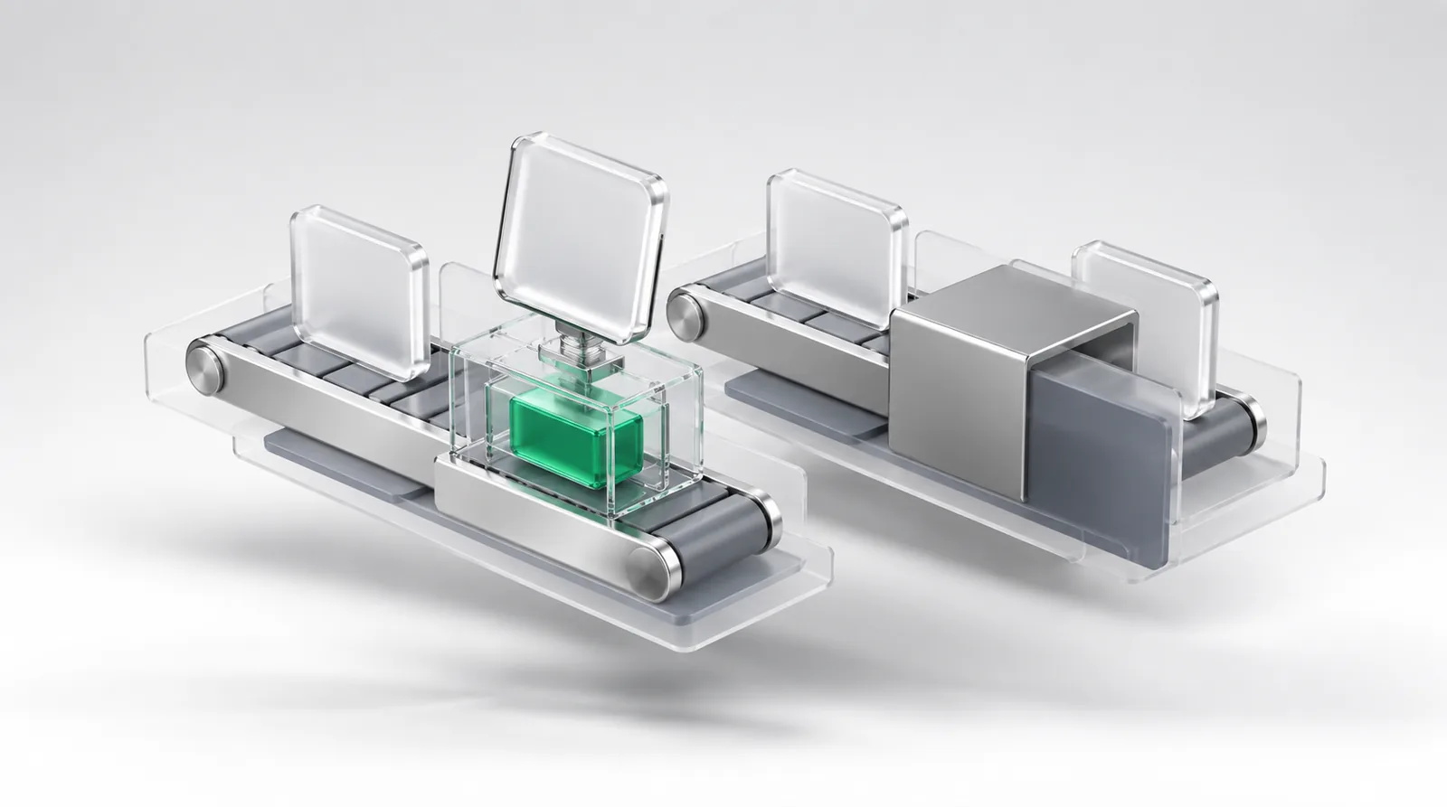 Sequential testing shown as an emerald tuning block sitting visible in clear glass beside a second track that hides its own block in an opaque case.