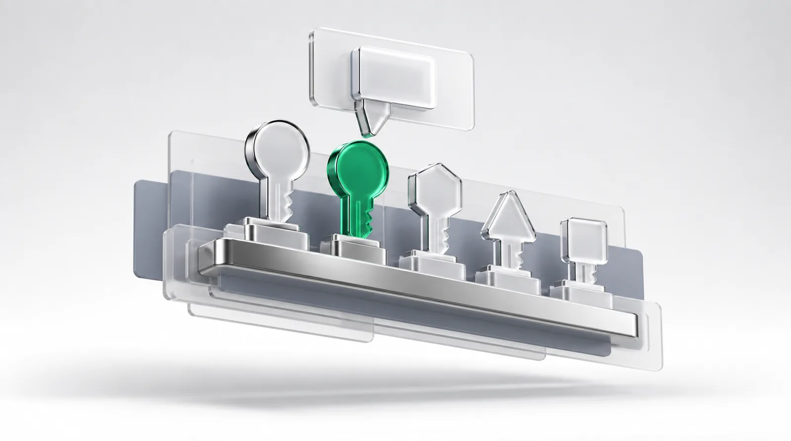 Signup flow optimization captured as five keys ranked in a row, the emerald key holding second place while a panel above points down at it.