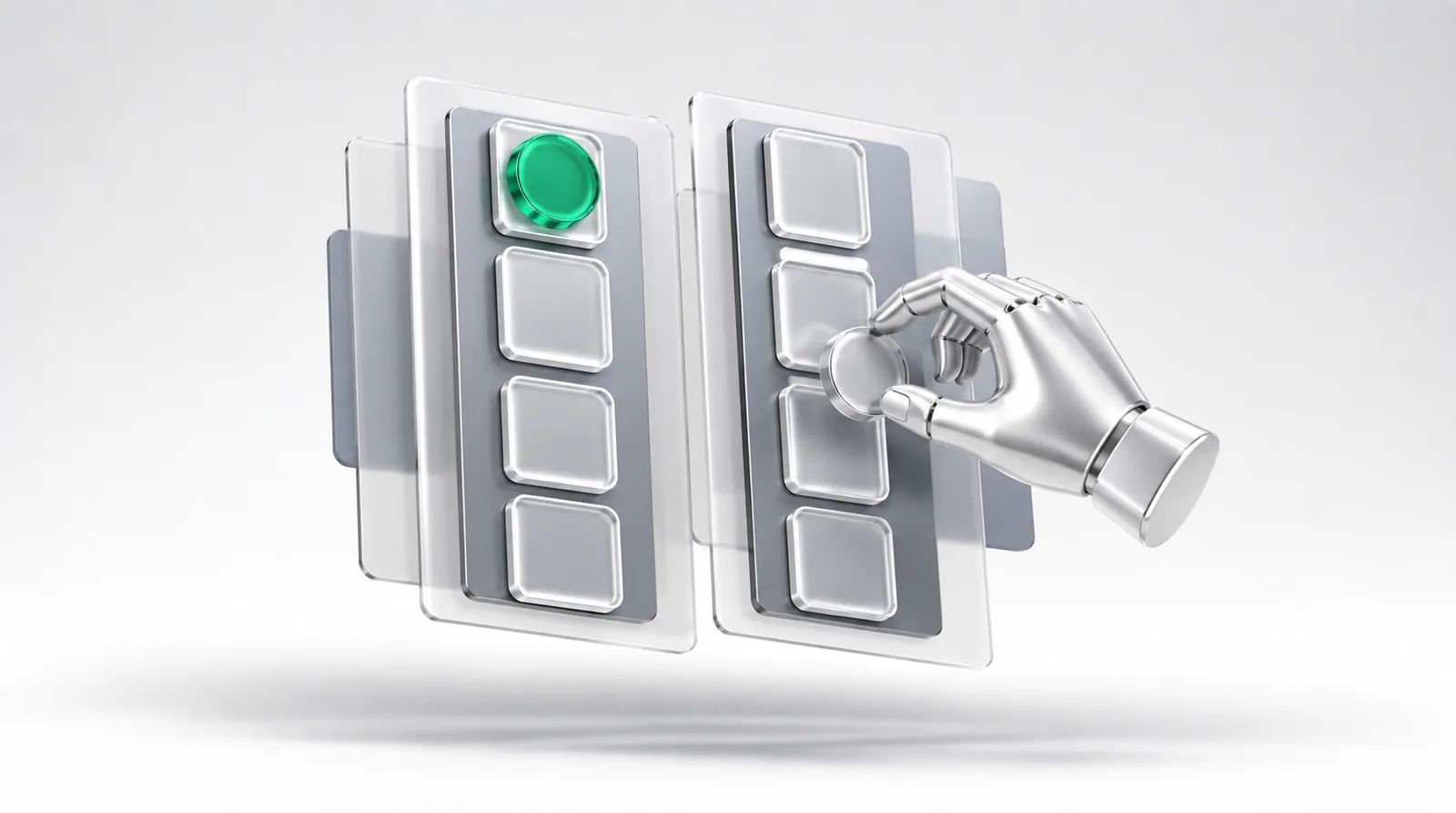 Time to value framed as two button panels stacked in a row, one emerald button already lit while a chrome hand presses a knob on the other panel.