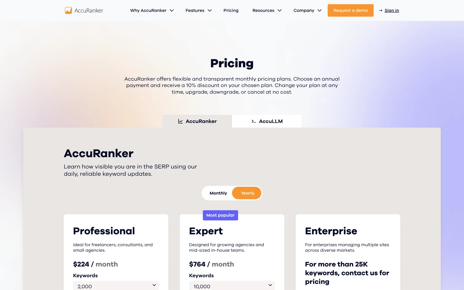 AccuRanker pricing page listing the Professional, Expert and Enterprise plans and their AI features