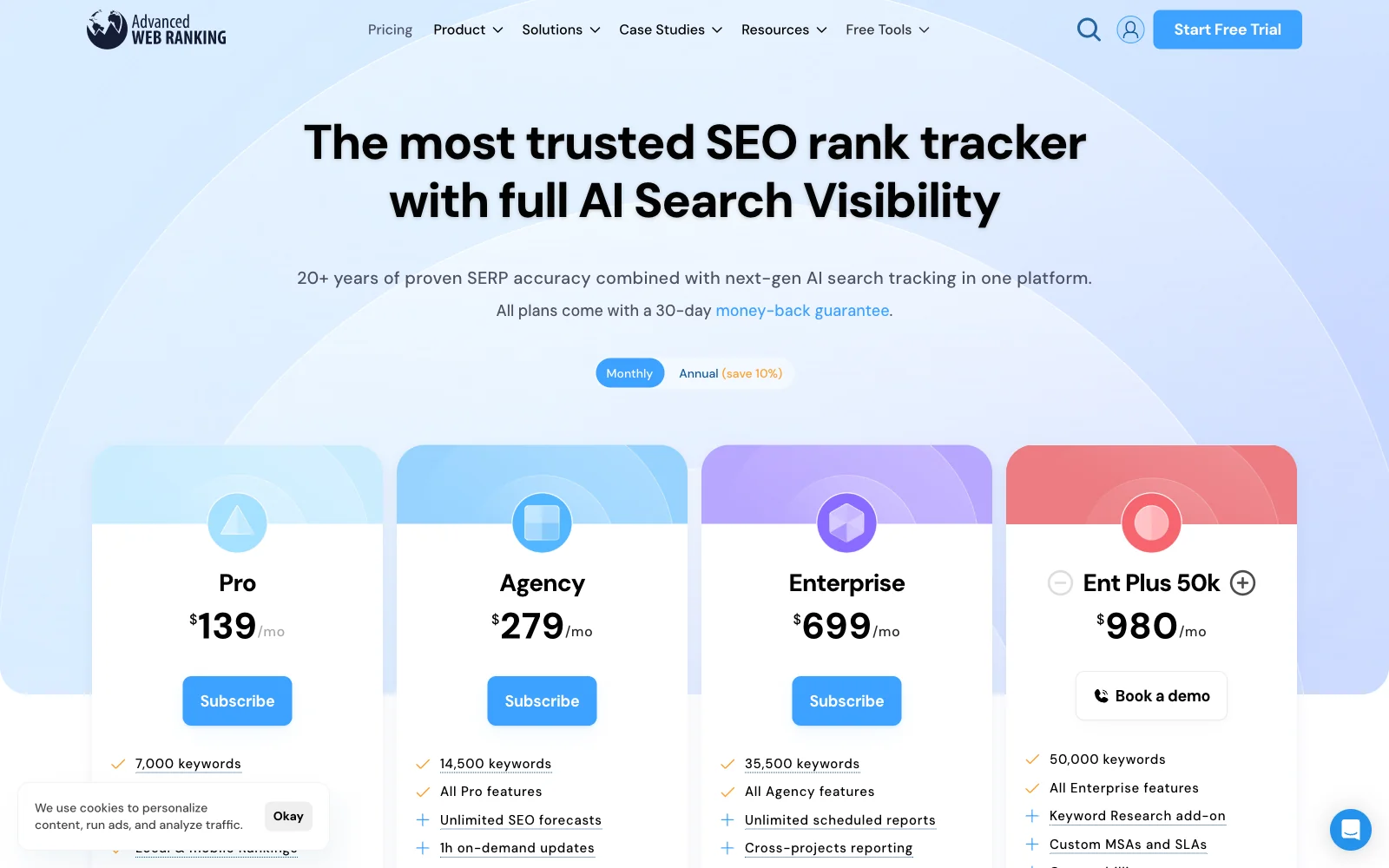 Advanced Web Ranking pricing page with the Pro plan listing AI Visibility tracking and unlimited users