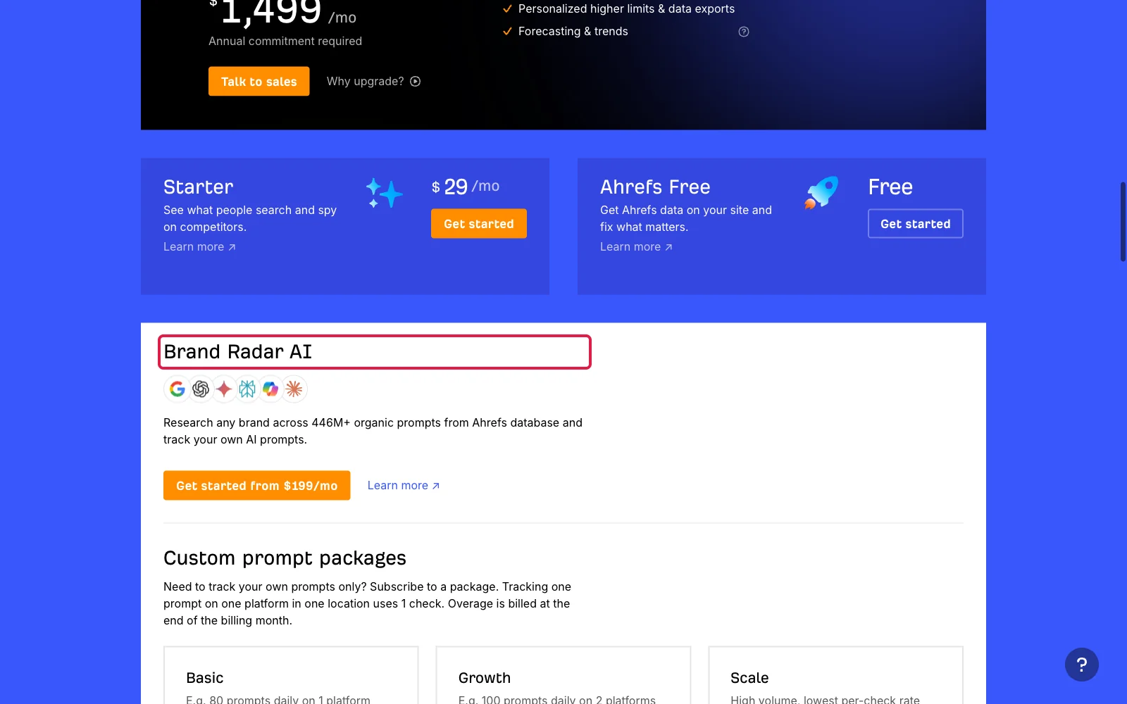 Ahrefs pricing page with the Brand Radar AI and custom prompt packages