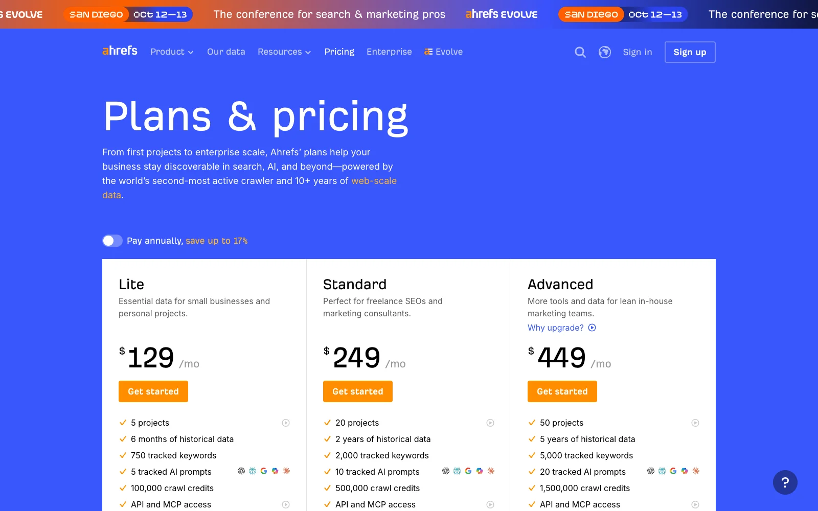 Ahrefs pricing page as captured on 2026-10-04, listing its plans and monthly prices