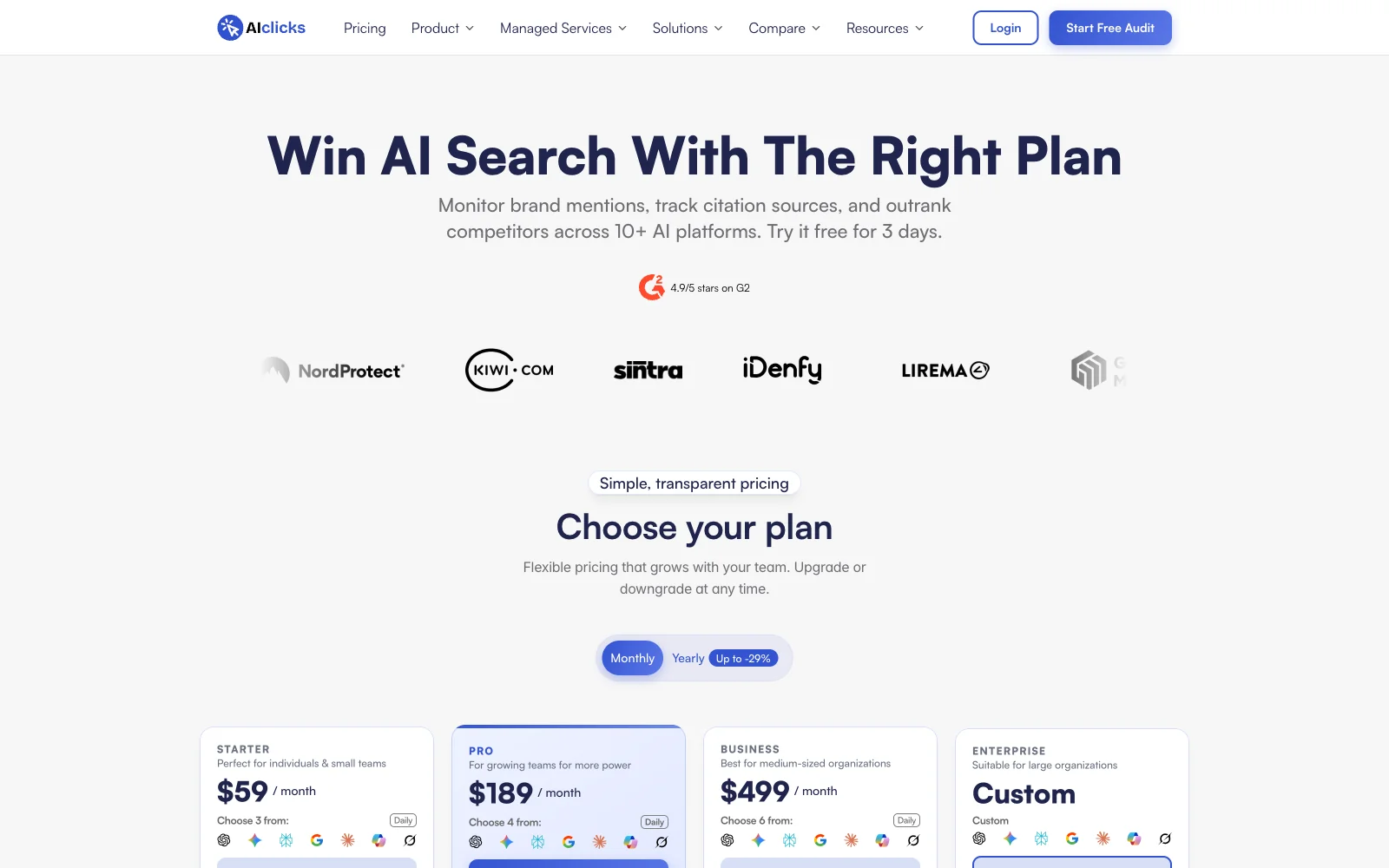 AIclicks pricing page as captured on 2026-10-04, listing its plans and monthly prices