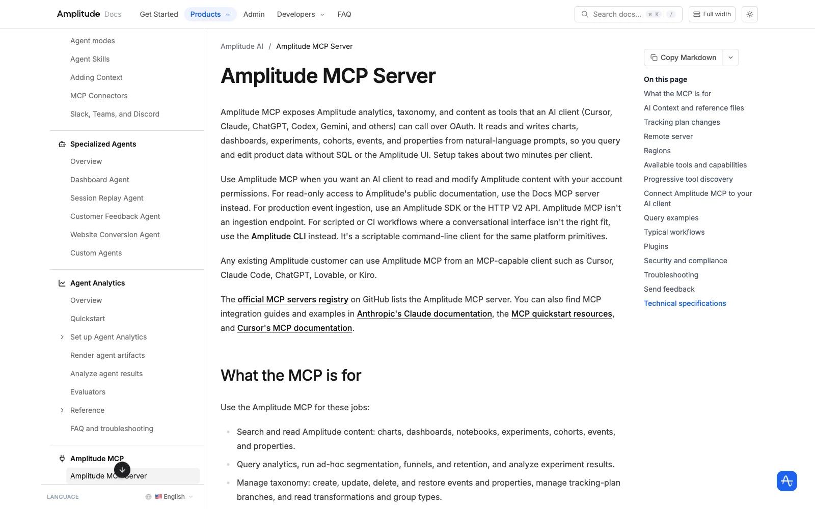 Amplitude MCP server documentation page