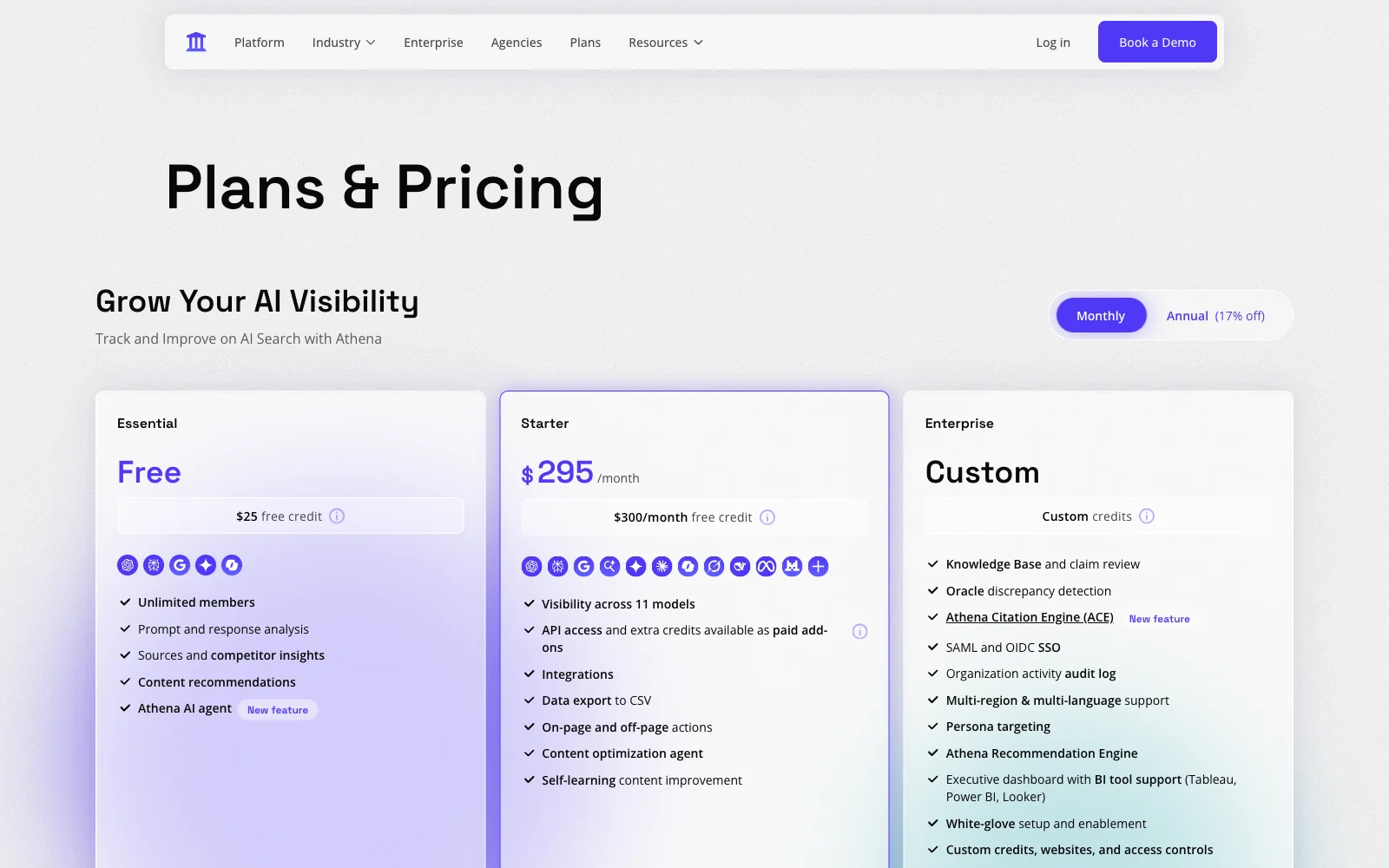 AthenaHQ plans page with the Free tier and the Starter plan