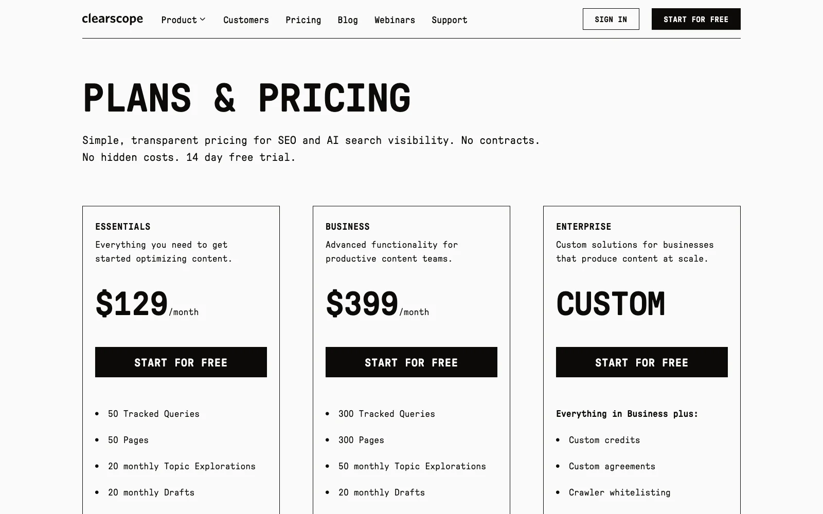 Clearscope pricing page with Essentials at $129 a month, Business at $399 and custom Enterprise